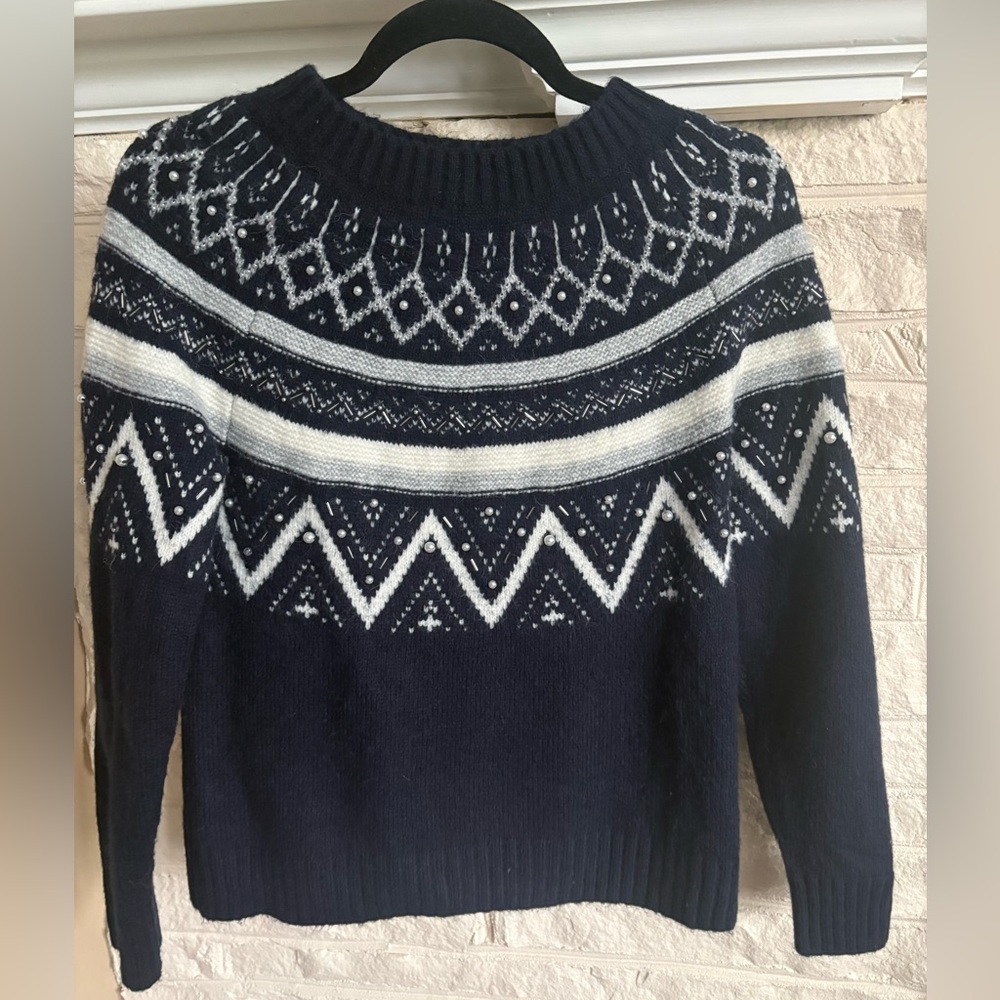Talbots Black White Fair Isle Soft Sweater, Christmas, Beaded, Small Petite